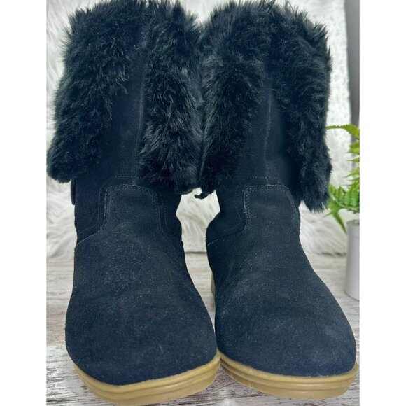LANDS' END Mendota Snow Boot Women's Size 7.5 Black Suede Faux Fur PullOn 420483 - Picture 2 of 11